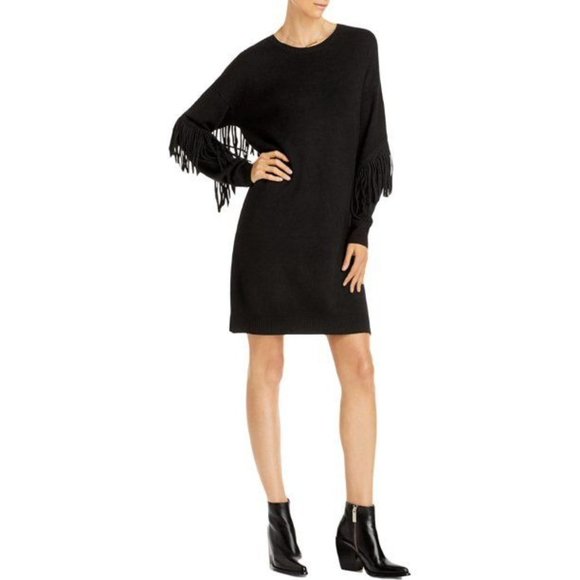 AQUA Fringe Sleeve Sweater Dress Black NWT - Size Medium - Picture 3 of 3